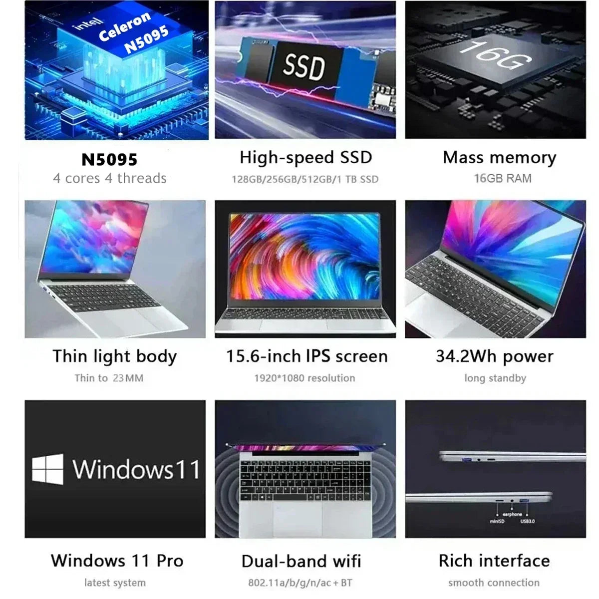 CARBAYTA 15.6" Laptop – Intel Celeron N5095, 16–32GB RAM, 128GB–2TB SSD, Windows 11, 1080P Notebook for Office & Study