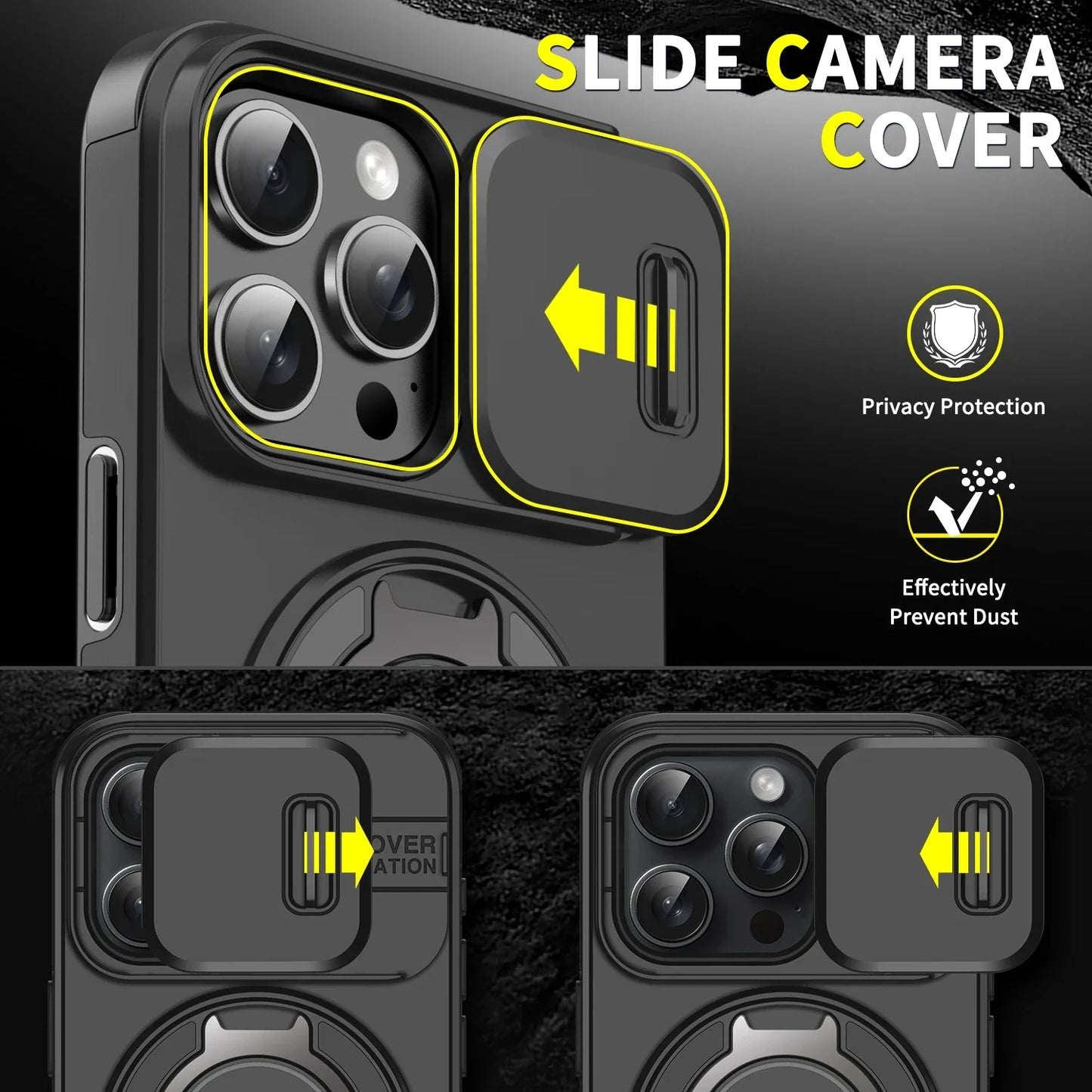 Luxury Rugged Armor Magnetic Case – Heavy Duty PC Cover with Slide Camera Protection for iPhone 16, 15, 14, 13, 12, 11 Pro Max Plus