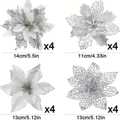 8/16PCS Glitter Artificial Christmas Flowers | Xmas Tree Decorations & Home Ornaments for 2025 New Year