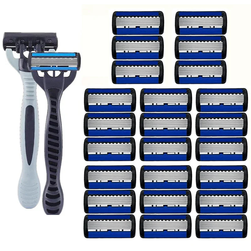 Men’s Manual Safety Razor – 6-Layer Stainless Steel Hair Removal Knife with Replaceable Heads and Razor Tools