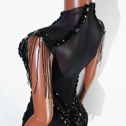 Sexy Shiny Silver Sequin & Black Spandex Jumpsuit — 2025 Women’s Prom, Dancer & Stage Performance Costume