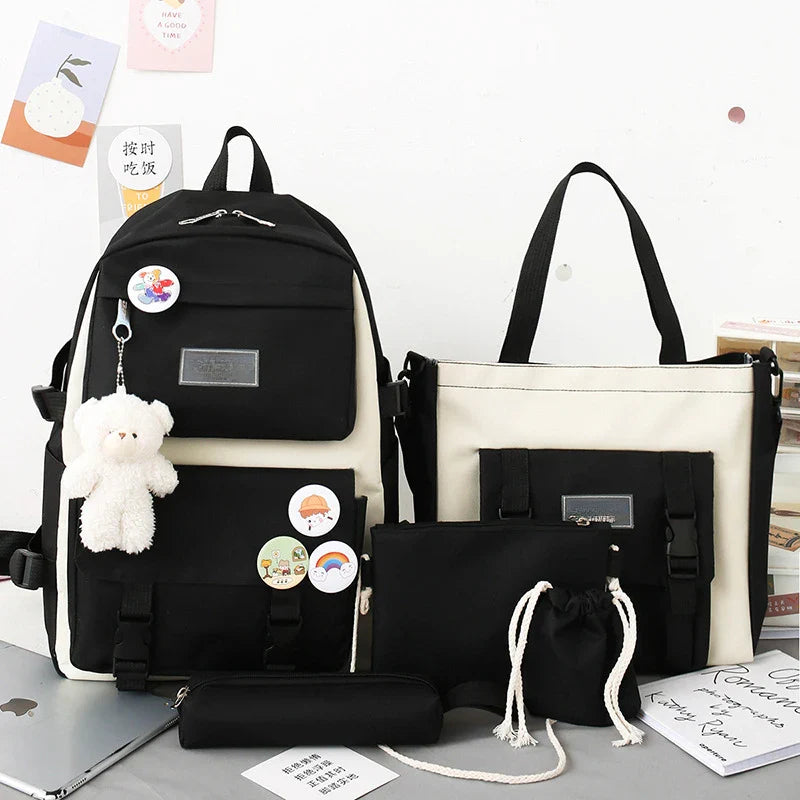 5-Piece School Bag Set – Canvas Backpacks for Teenage Girls & Women, Solid Color Student Schoolbags