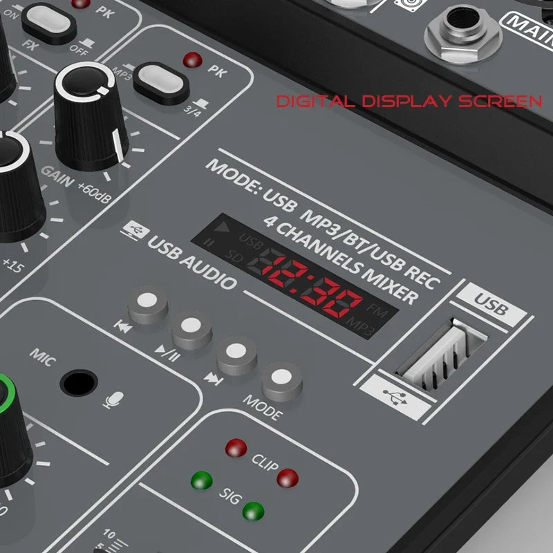 4-Channel Audio Mixer - USB Studio Sound Mixing Console with Bluetooth, 48V Phantom Power & DJ Karaoke Support