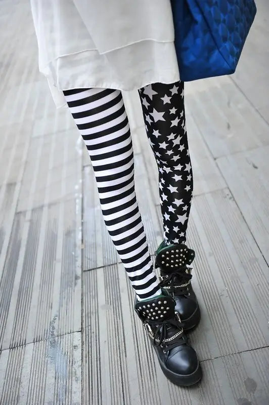 Women Star Print Elastic Jeggings – High Waist Stripe Cropped Pencil Leggings Fashion Skinny Pants L1071