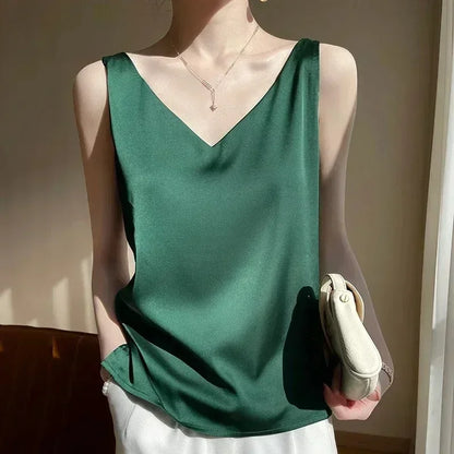 Women's V Neck Satin Silk Top - Sleeveless Acetic Acid Blouse for Elegant Summer Fashion