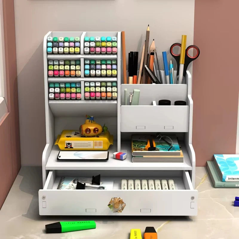 Wooden Desk Organizer - Pen Pencil Holder and Stationery Storage Box for Home Office & Bookshelf