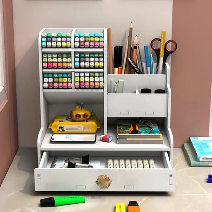 Wooden Desk Organizer - Pen Pencil Holder and Stationery Storage Box for Home Office & Bookshelf