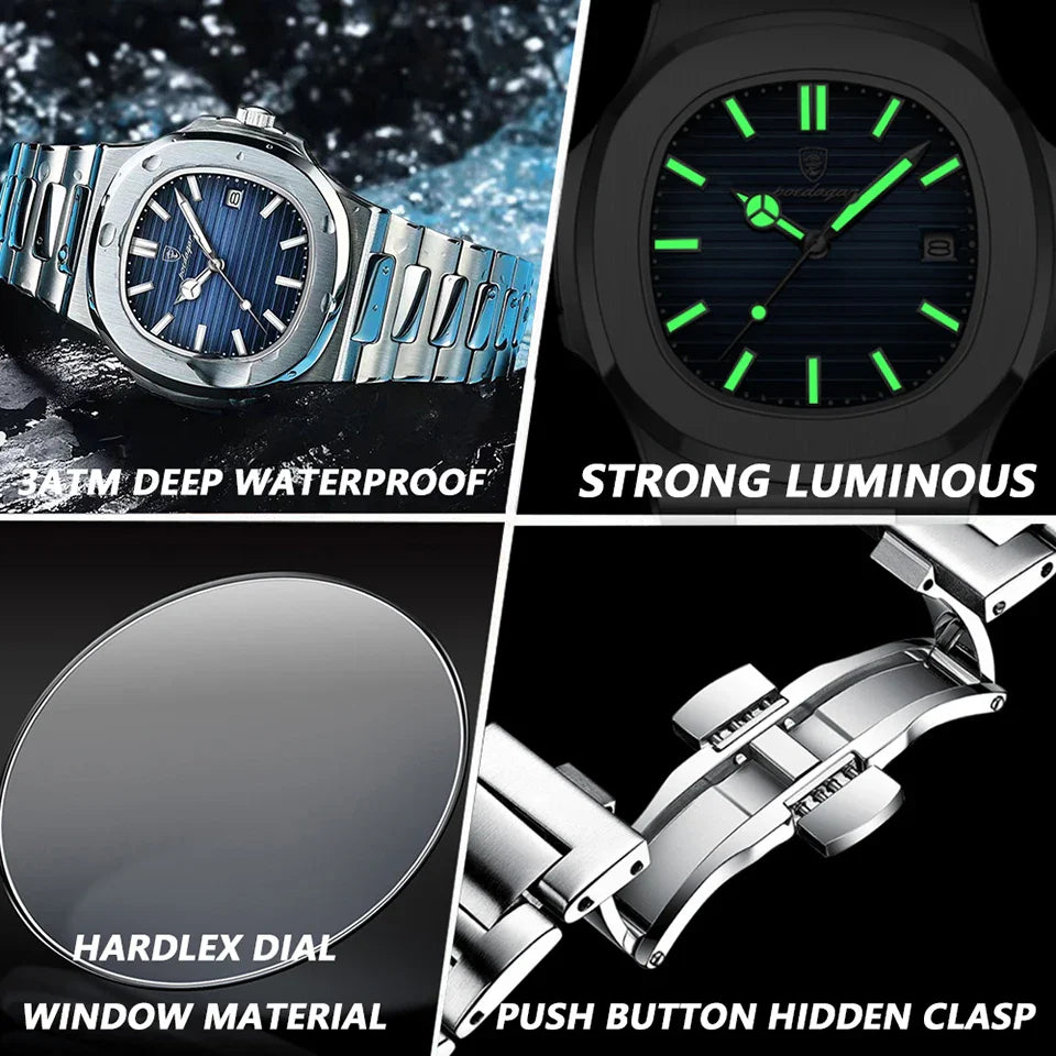 POEDAGAR Luxury Men's Watch – 30ATM Waterproof, Stainless Steel Square Quartz, Luminous Date, Business reloj hombre