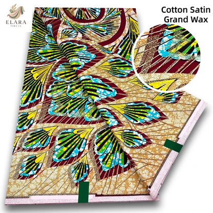 New Grand African Wax Fabric - 6 Yards Cotton Ankara Batik Pagne with Golden Shine Finish for Dresses & Sewing