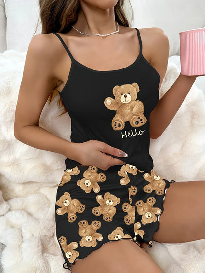 Women’s Love Bear Pajama Set - Cute Crop Top & Shorts Summer Loungewear Sleepwear Home Wear