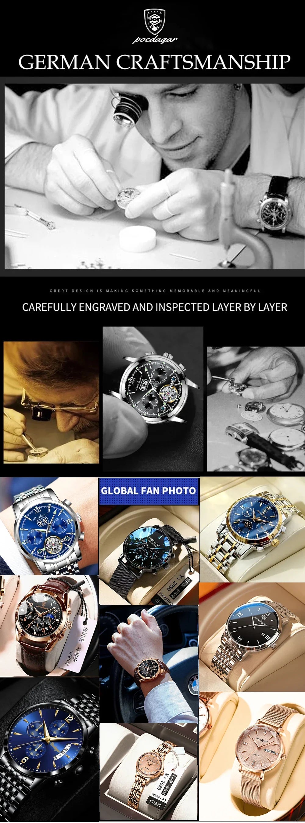 POEDAGAR Luxury Men's Quartz Watch Waterproof Luminous Date Chronograph Leather Military Sports Wristwatch