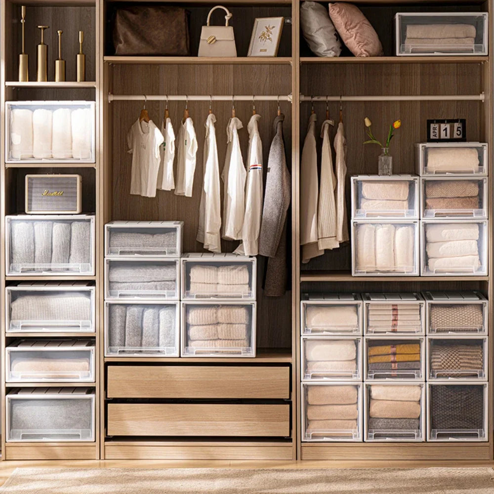 Wardrobe Storage Box – High-Capacity Transparent Stackable Drawer Container for Household Organization