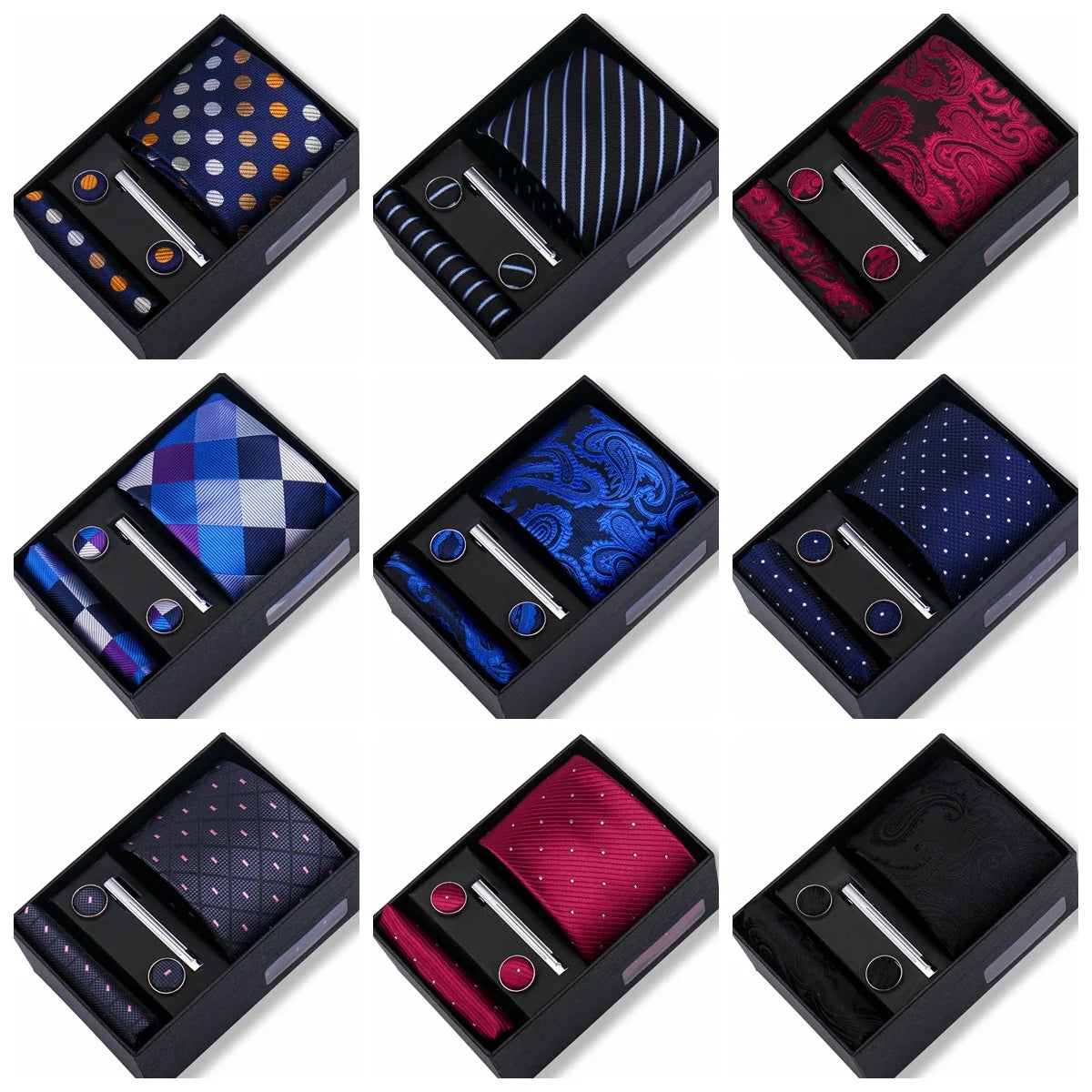 Men’s Green Business Tie Set - Premium Necktie with Hanky, Cufflinks & Tie Clip Gift Box for Wedding Formal Wear