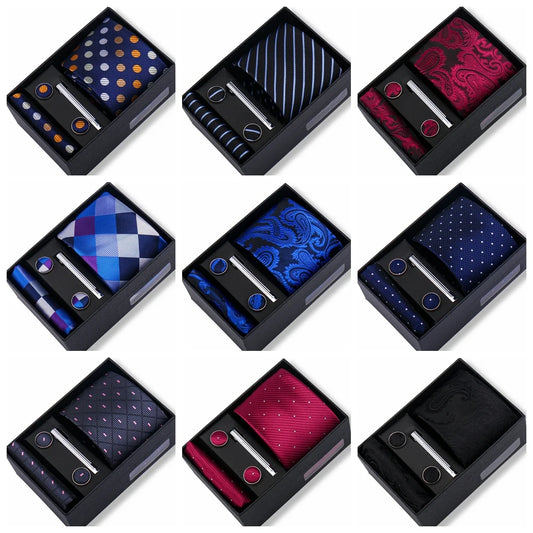 Men’s Green Business Tie Set - Premium Necktie with Hanky, Cufflinks & Tie Clip Gift Box for Wedding Formal Wear
