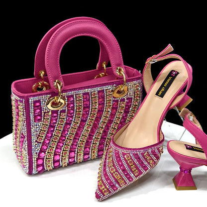 Women’s Fuchsia Rhinestone Shoe & Bag Set - Shiny Italian Style Pointed Toe High Heel Fashion Accessories