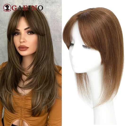 Straight Human Hair Topper With Bangs - Silk Base Clip In Real Hair Extension For Women Chocolate Brown Light Brown