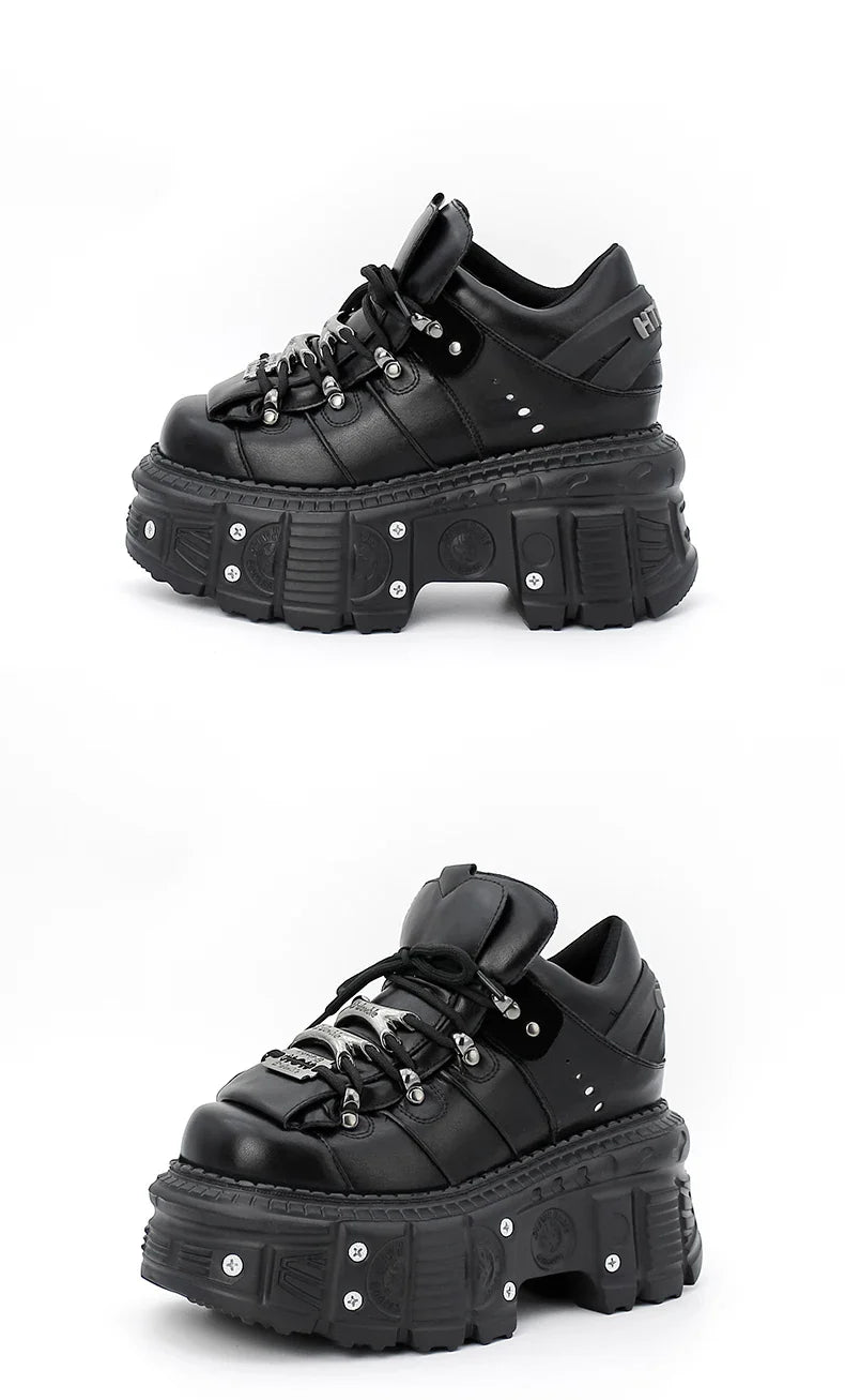 New Punk Style Lace-up Women’s Platform Boots with 6CM Heel, Gothic Rock Ankle Boots, Metal Decor Sneakers