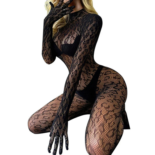 Sexy Crotchless Lingerie Set - Leopard Print Mesh Bodystocking with Backless Cutout Bra Design