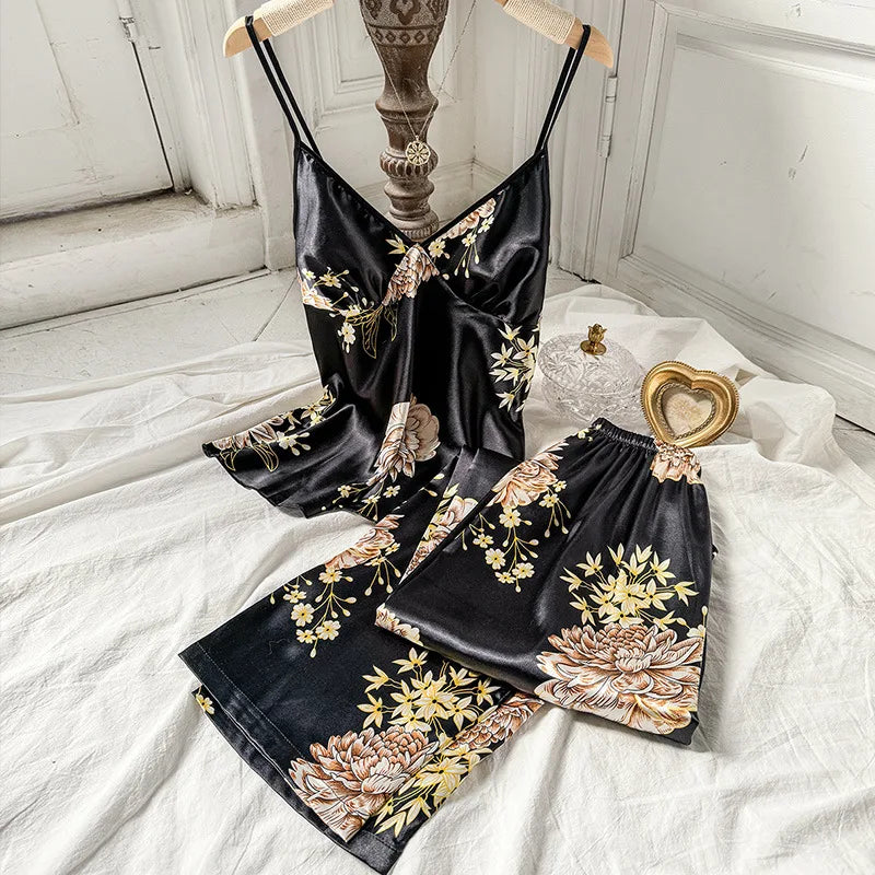 2pcs Women’s Summer Pajama Set – Printed Silk Suspenders Top & Long Pants Breathable Homewear
