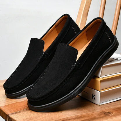 Men's Suede Leather Loafers - Black Slip-On Casual Driving & Business Shoes in Large Sizes