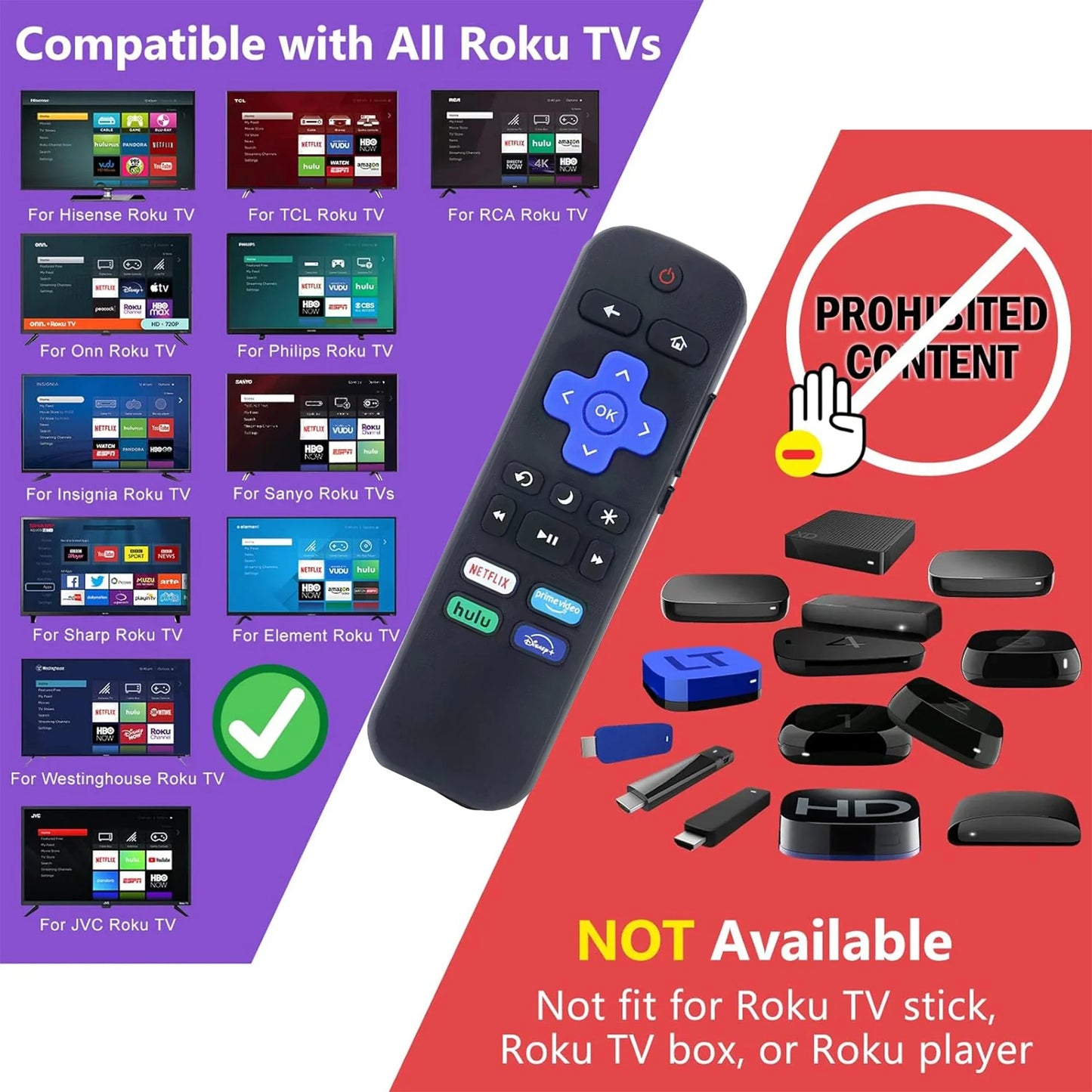 Universal Roku TV Remote Control - Replacement Remote Compatible with TCL, Hisense, Onn, Insignia & Hitachi TVs