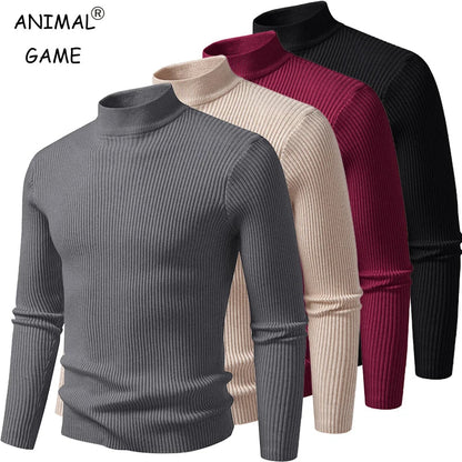 Men's Mock Neck Pullover Sweater - Striped High Neck Long Sleeve Winter Warm Casual Knitwear