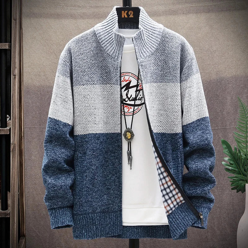 Men's Fleece Zipper Cardigan – Autumn Winter Velvet Striped Sweater Jacket