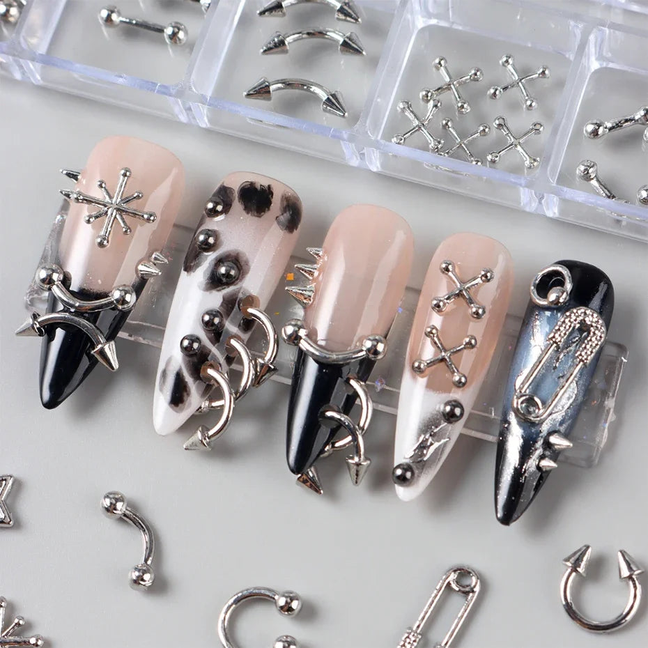 12-Grid Gothic Nail Charms - Silver Punk Metal Studs Rivets Y2K Grunge DIY Nail Art Decorations