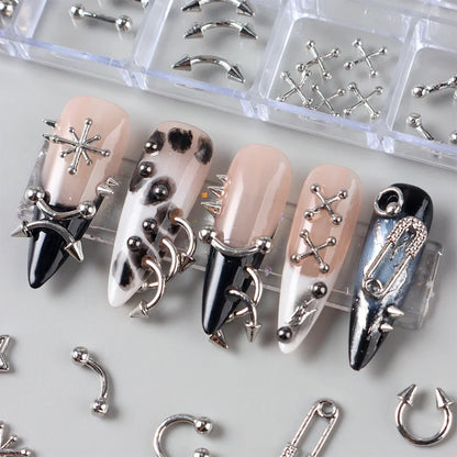 12-Grid Gothic Nail Charms - Silver Punk Metal Studs Rivets Y2K Grunge DIY Nail Art Decorations