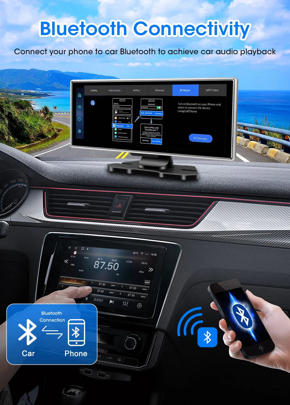 10/11.26" 4K Dash Cam — Dual-Lens Car DVR with Wireless CarPlay, Android Auto, GPS, WiFi, FM & AUX Video Recorder