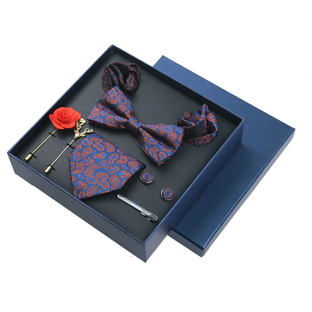 Men’s Luxury Silk Tie Set - 8cm Wedding Necktie with Bowtie, Pocket Square, Cufflinks & Floral Gift Box Accessories