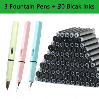 33PCS Kawaii Fountain Pen & Ink Set - Black Blue Red EF 0.38mm Replaceable Ink Pens for School Office Writing Supplies