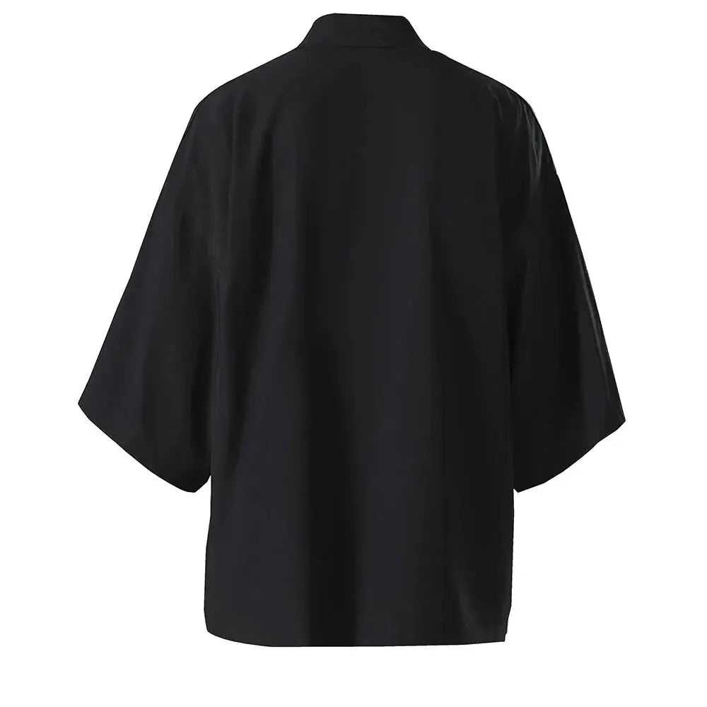 Men’s Casual Open Stitch Shirt - Lightweight Black Yukata Cardigan with 3/4 Sleeves for Summer Vacation
