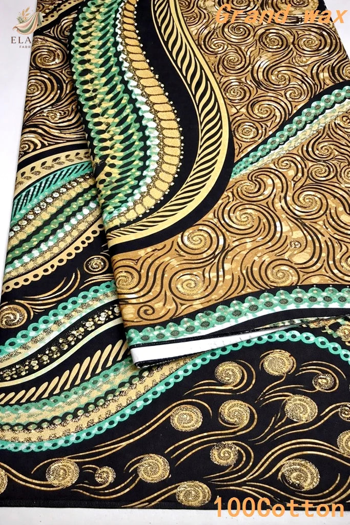 Grand Super African Wax Fabric - 100% Cotton Nigerian Glitter Glam Gold Ankara Print for Sewing
