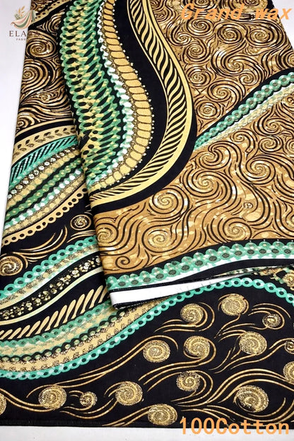 Grand Super African Wax Fabric - 100% Cotton Nigerian Glitter Glam Gold Ankara Print for Sewing