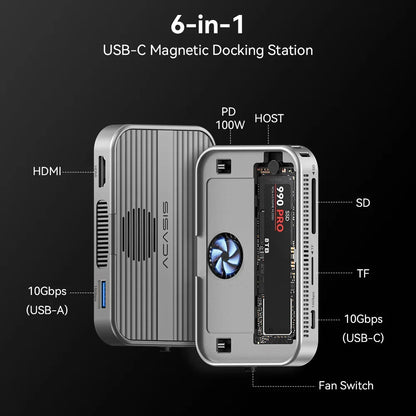 Acasis Magnetic M.2 NVMe SSD Enclosure - 10Gbps USB-C Docking Station with HDMI 4K60Hz, SD/TF & PD 100W Support