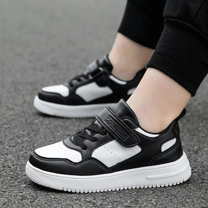 Children’s Black Leather Sneakers – Non-Slip Casual Flat Walking Shoes for Boys & Girls, Lightweight Student Sports Footwear