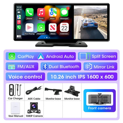 11.26-inch 4K Car DVR Dash Cam – Dual Lens Wireless CarPlay & Android Auto, GPS Navigation, 5G WiFi, FM, AUX Video Recorder Monitor