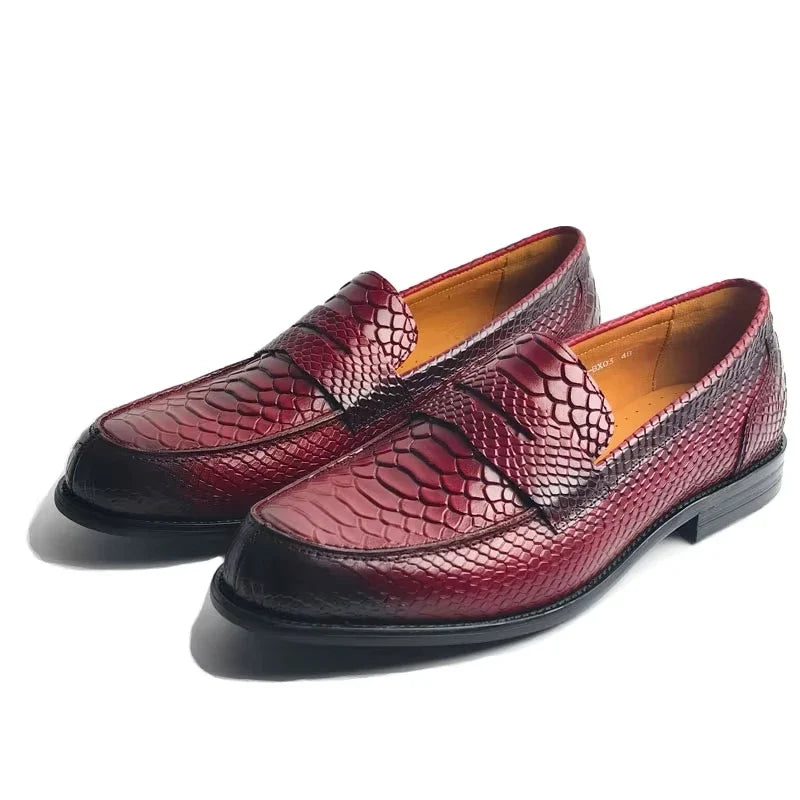 Men’s Genuine Leather Snake Print Penny Loafers - Handcrafted Slip-On Driving, Business & Formal Shoes