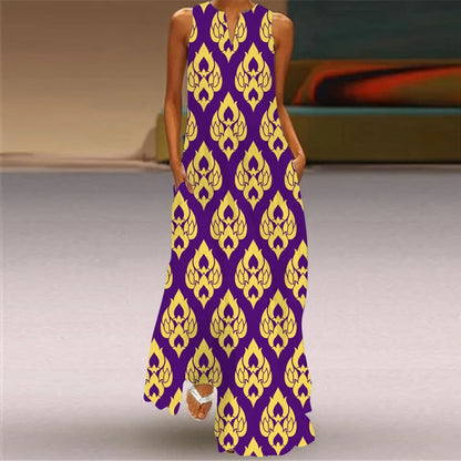Vintage Boho Maxi Dress - Women's Summer V Neck Sleeveless Long Sundress with Pockets