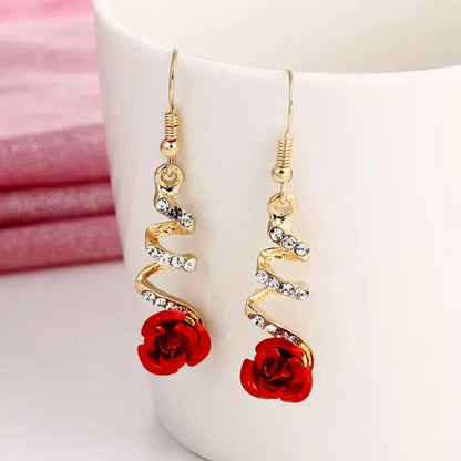 French Red Rose Tassel Earrings - Elegant Flower Zircon Dangle Jewelry for Bridal Weddings & Parties