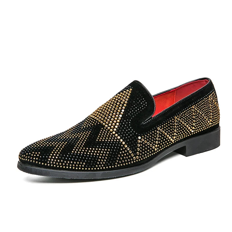 Men's Pointed Toe Embroidered Dress Shoes - Rhinestone Flat Wedding, Prom & Formal Shoes