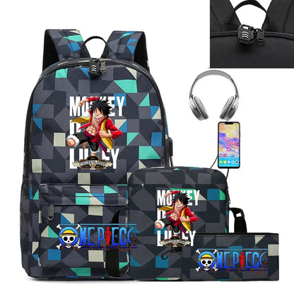 3PC One Piece Luffy School Backpack Set – Rechargeable Anime Bag for Boys & Girls, Student Cartoon Mochila