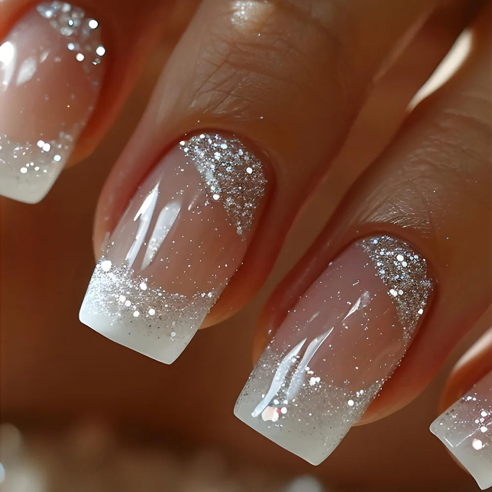 24Pcs Square Press On Nails - Nude White Gradient French False Nail Tips with Full Cover Short Design