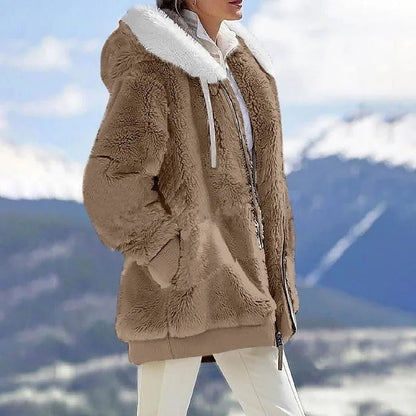 Autumn Winter Women's Hooded Coat – Casual Zipper Cashmere Fleece Jacket Solid Color Ladies Outerwear