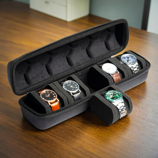5-Slot Watch Case Travel Organizer — Hard Shell with Pillow Insert, Smartwatch Storage & Gift-Ready (Black)
