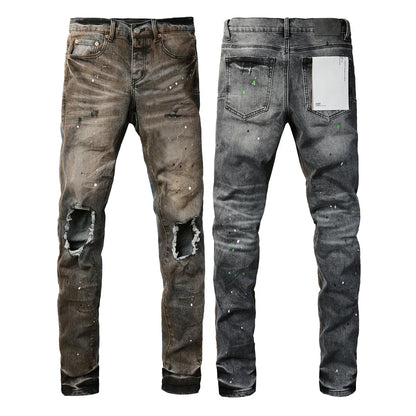 2025 Men’s High Street Ripped Skinny Jeans — Low Rise Blue Distressed Denim Fashion Repair Trousers 9003