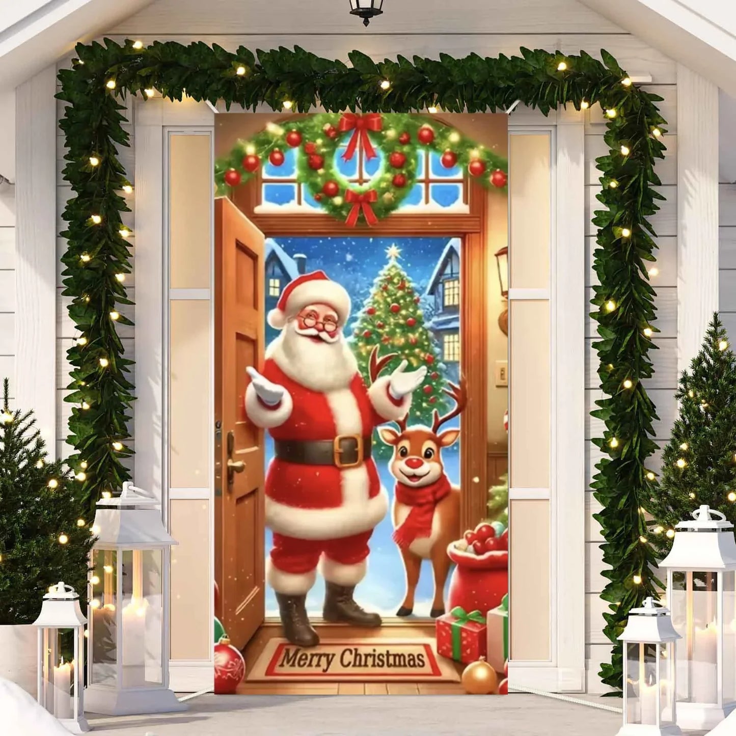 Cute Animals Christmas & New Year Door Cover – Dog, Cat, Snowman, Gingerbread Man Holiday Outdoor Winter Decoration Gift