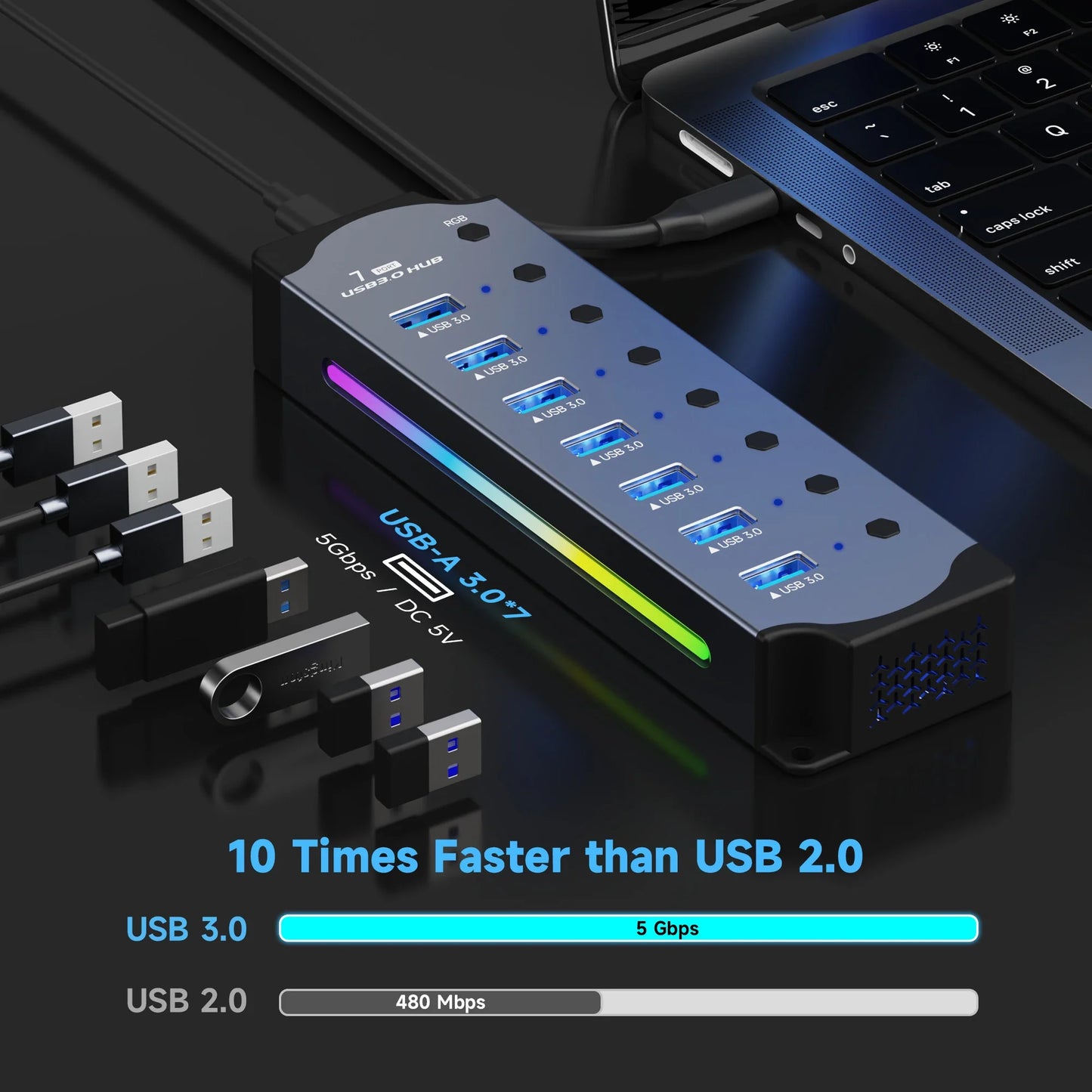 10-in-1 USB 3.0 Powered Hub — RGB E-Marker with Individual Switches & Heat Dissipation, DC 5V Adapter