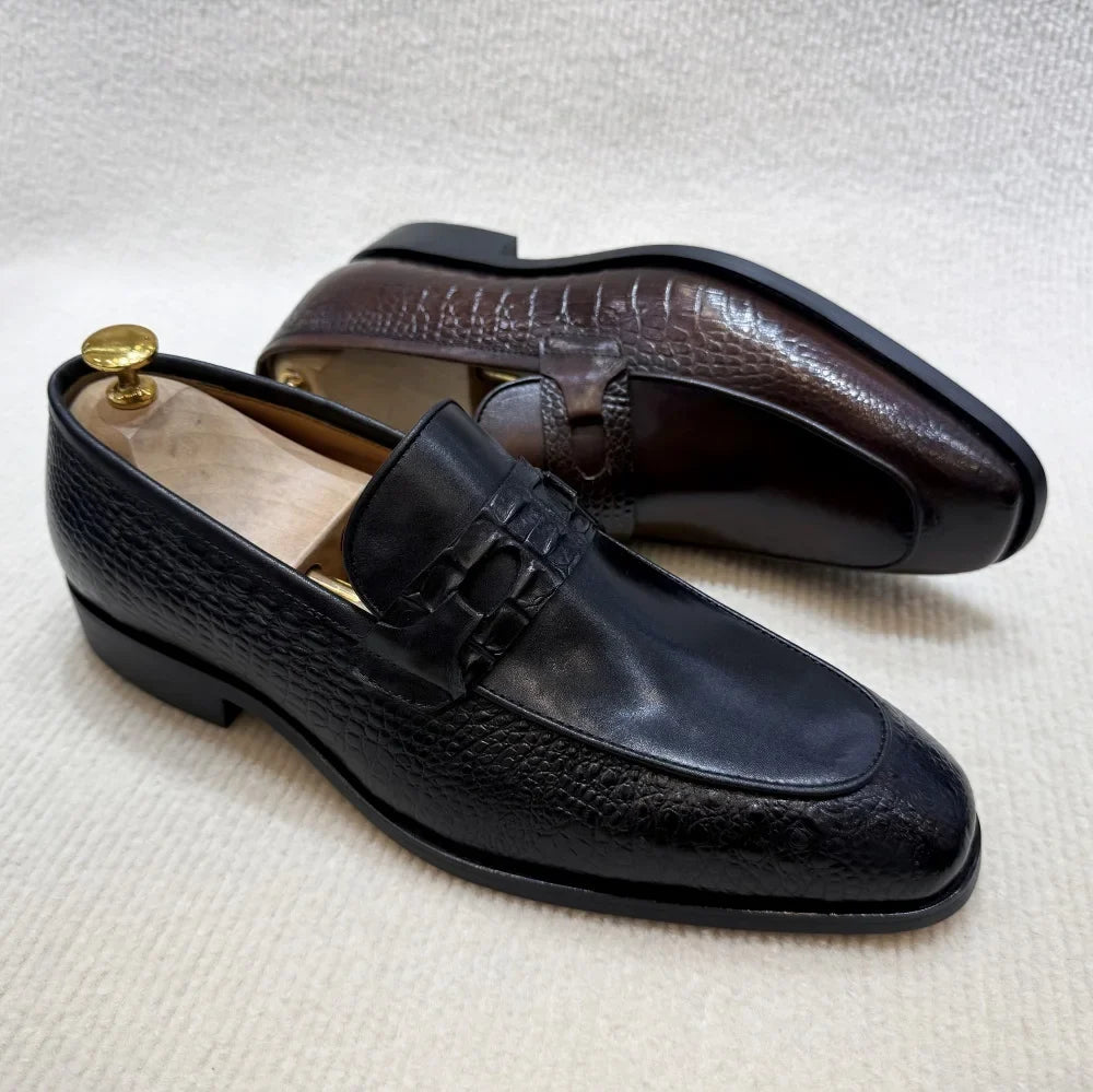 Luxury Men's Crocodile Print Leather Loafers - Double Buckle Business & Wedding Dress Shoes